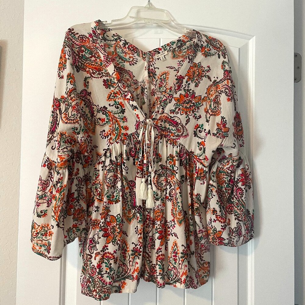 Bohemian style En Crème Bell sleeve V neck Blouse with Fall Colors- Medium